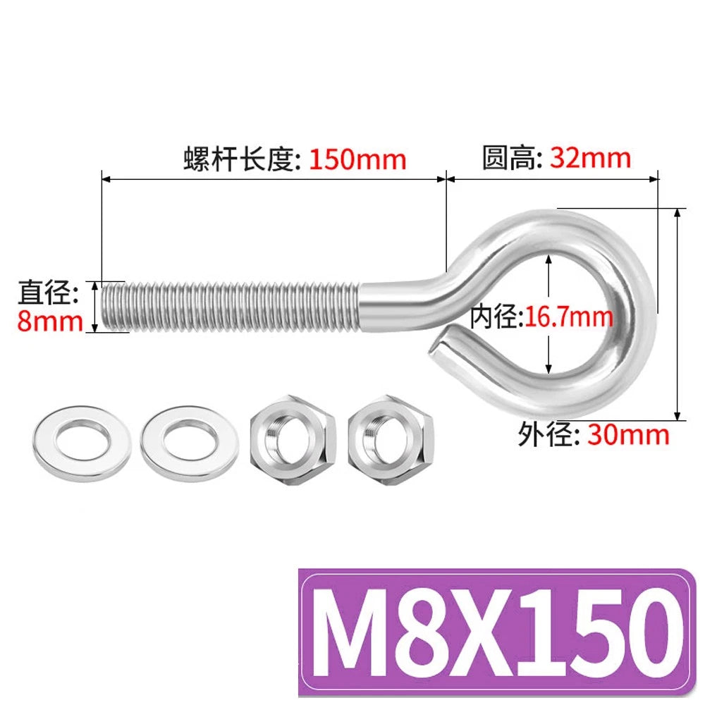 Galvanised Stainless Eye Screws Hooks Eye Bolts Closed Screws Threaded Rings Set