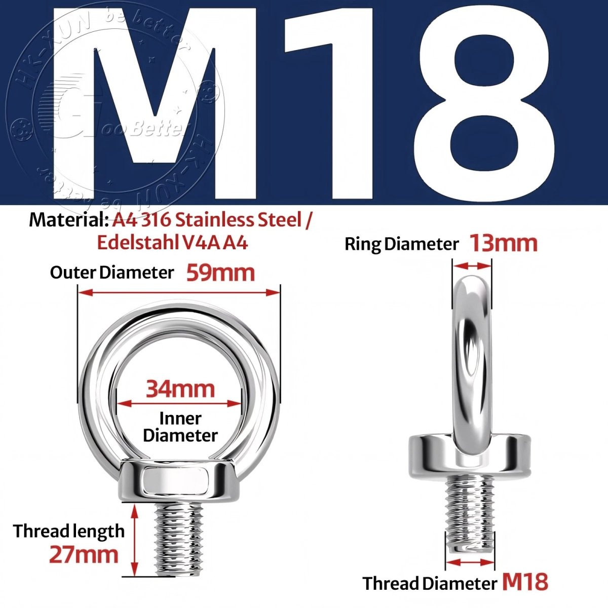 Stainless Steel Eye Bolts & Eye Nuts — A4 316 Metric Thread M6 to M36 - HomeDIYer