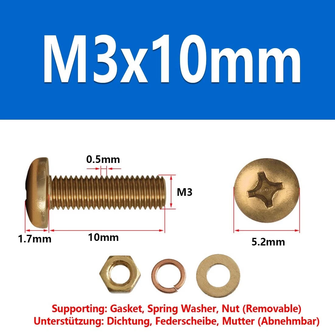 M3 M4 M5 M6 M8 Brass Phillips Pan Head Machine Screws with Hex Nuts & Washers