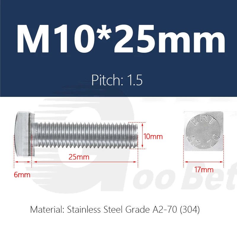 M10 Stainless Steel Square Head Bolts — A2 304, Plain Finish, 16mm to 100mm - HomeDIYer