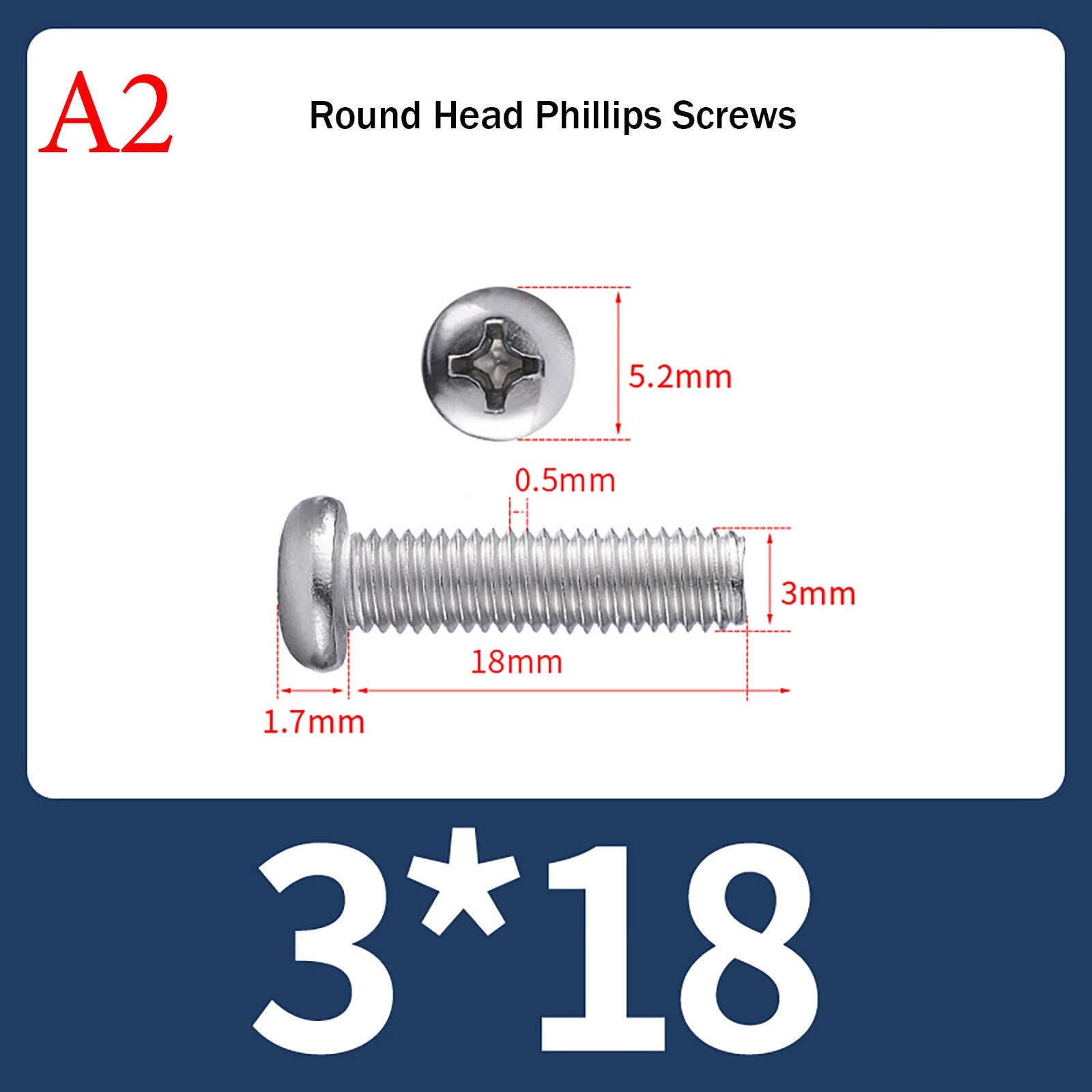 M3 Phillips Pan Head Machine Screws – A2 Stainless Steel, M3×3mm to M3×150mm (Full Length Range)