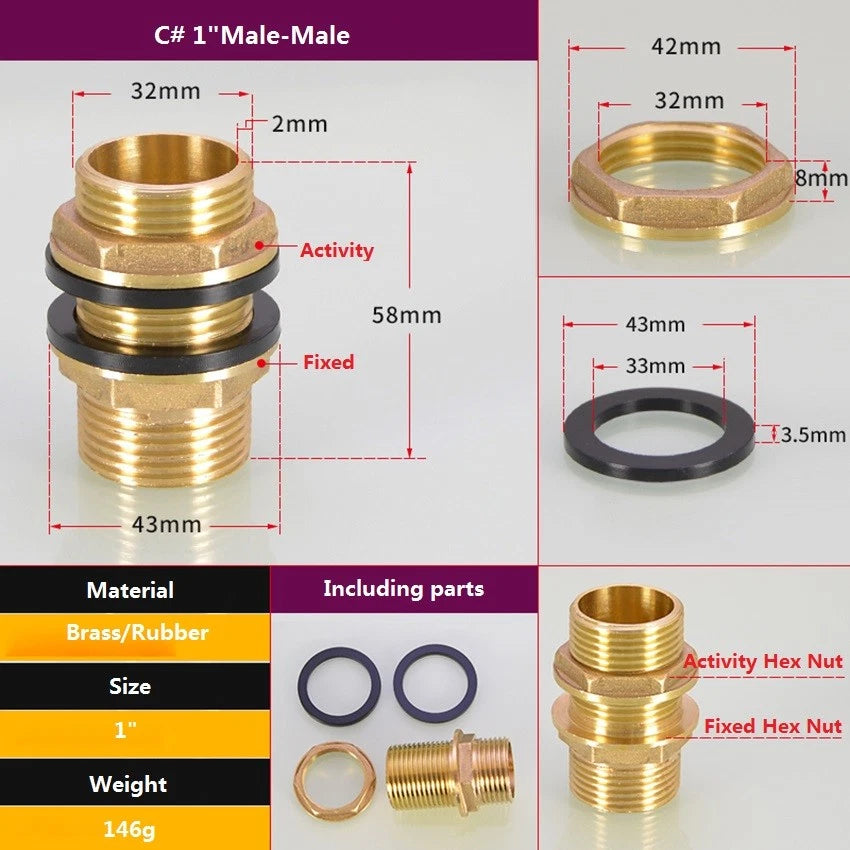 Brass Threaded Water Tank Connector — Male/Female NPT Pipe Fitting for Water Tower & Storage Tank