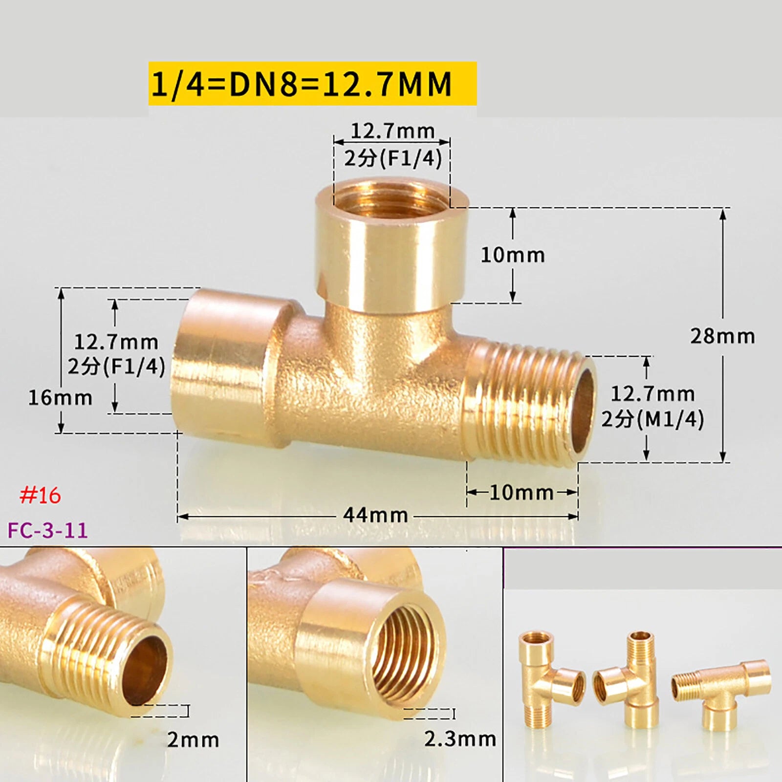 BSP Brass Tee Pipe Fittings — Male & Female Thread Combinations, 1/8" to 3/8"