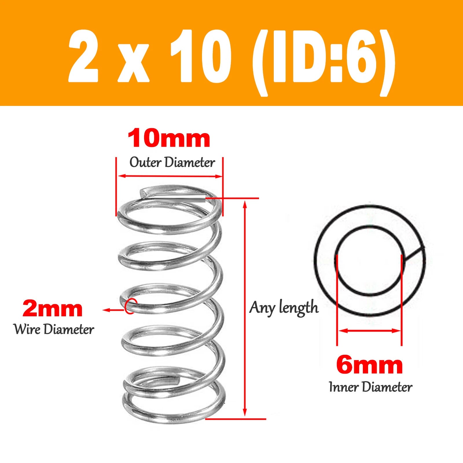 Compression Spring Pressure Spring A2 Stainles Steel Wire Dia 2mm Ø 10mm - 20mm