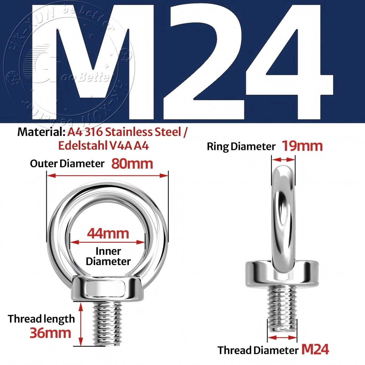 Stainless Steel Eye Bolts & Eye Nuts — A4 316 Metric Thread M6 to M36 - HomeDIYer