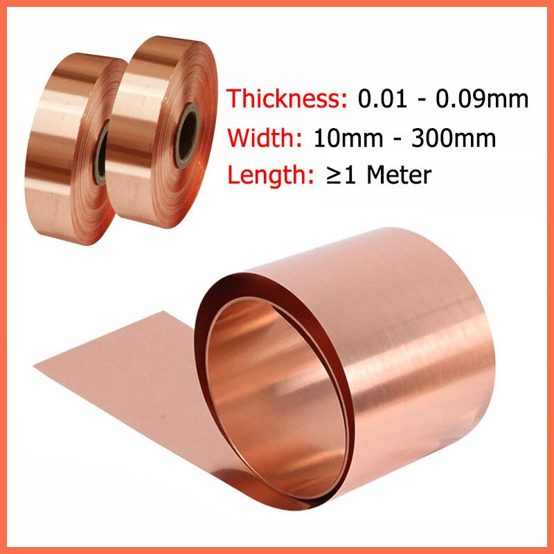 T2 Pure Copper Sheet Plate 99.9% Cu Metal Foil Roll Thick 0.01-0.09mm Length 1M