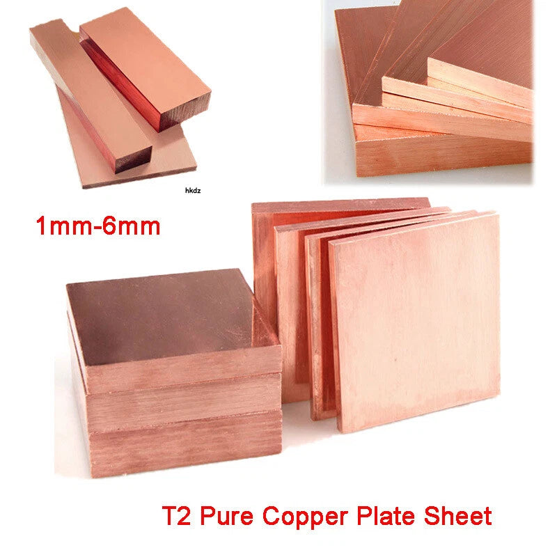 T2 Pure Copper Plate Sheet Thick 1mm-6mm Cu Metal Block Laser Cut 100/200/300mm