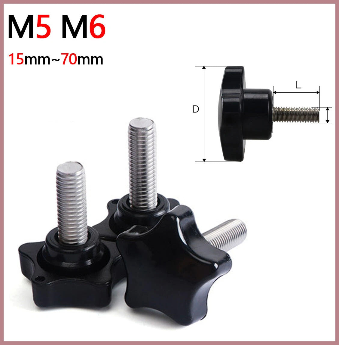 Plastic Black Thumb Screw M5 M6 Male Thread Pentagram Star Knob Grip Hand Screws