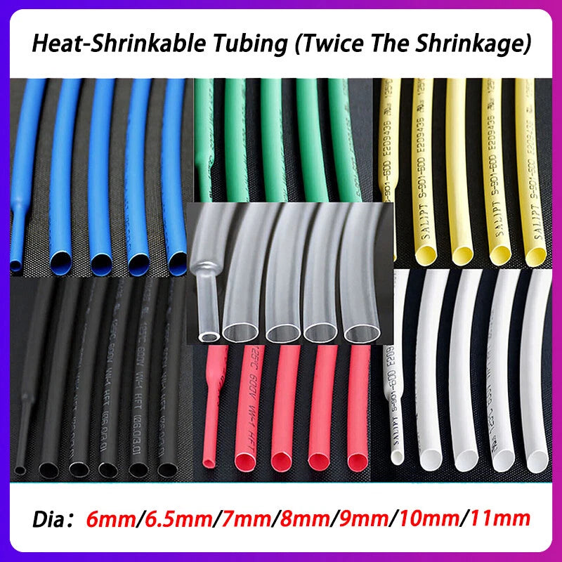 Heat Shrink Tubing 2:1 Ratio — 6mm to 11mm, 1m to 50m, Multiple Colors