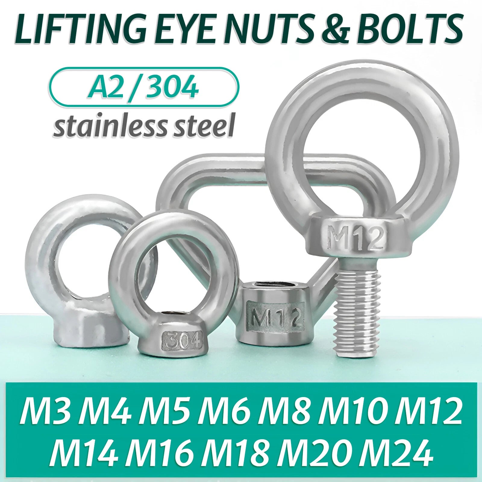 M3 M4 M5 M6 M8 M10 M12 TO M24 LIFTING EYE NUTS & BOLTS A2-304 STAINLESS STEEL