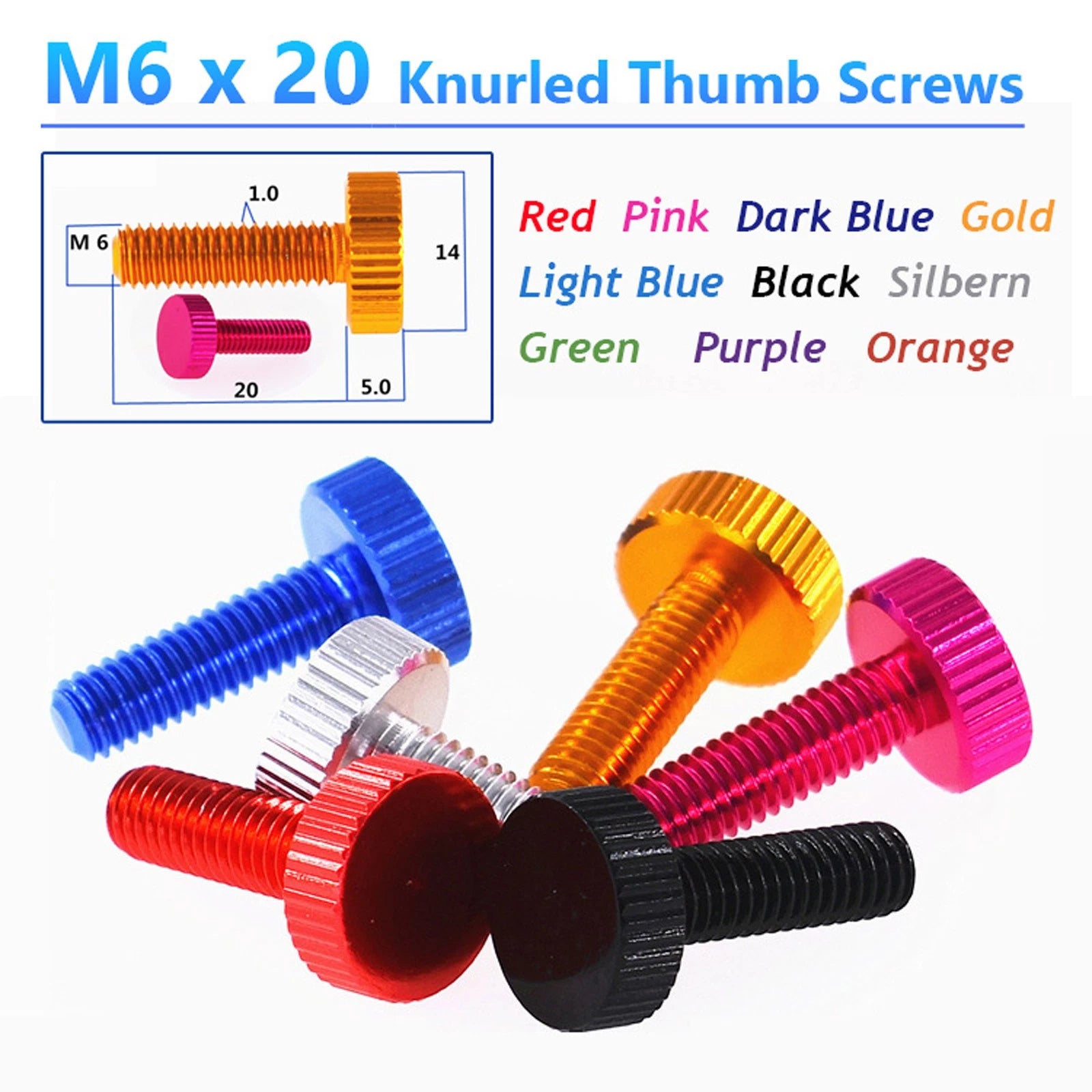 Knurled Thumb Screws M6 x 20mm Aluminum Alloy DIY Hand Tighten Grip Knob Bolts