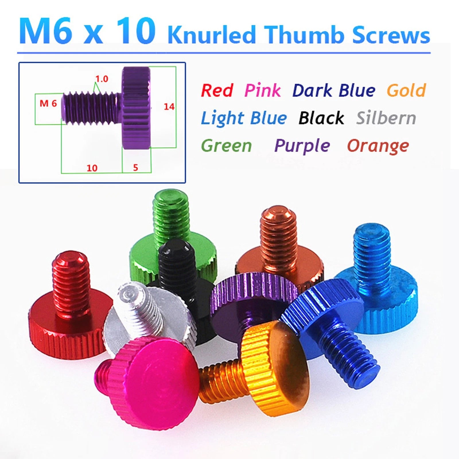 Knurled Thumb Screws M6 x 10mm Aluminum Alloy DIY Hand Tighten Grip Knob Bolts