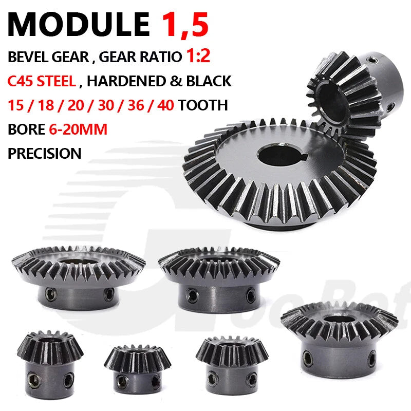 Module 1.5 Bevel Gear C45 Steel 1:2 Ratio 15 18 20 30 36 40 Tooth 90° Hard Black