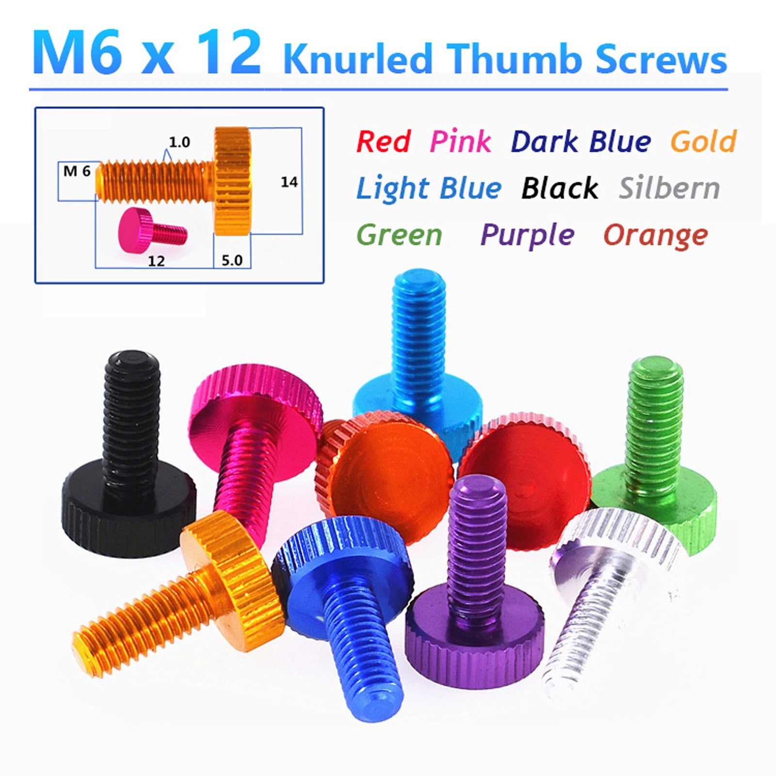 Knurled Thumb Screws M6 x 12mm Aluminum Alloy DIY Hand Tighten Grip Knob Bolts