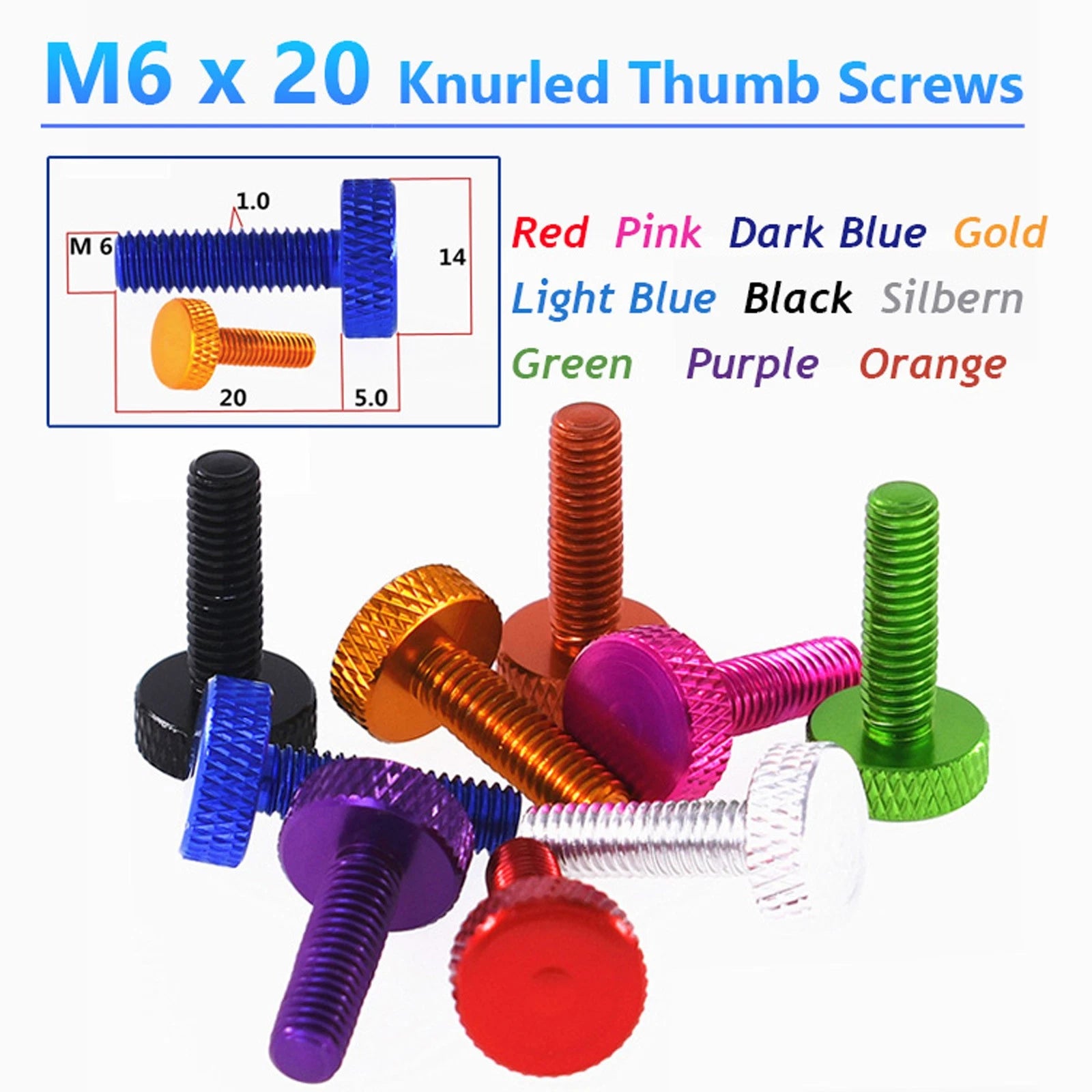 M6x20mm Knurled Thumb Screws Aluminum Alloy DIY Hand Tighten Grip Knob Bolts
