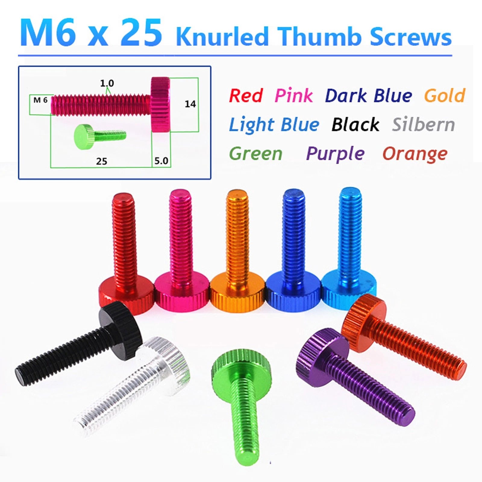nurled Thumb Screws M6 x 25mm Aluminum Alloy DIY Hand Tighten Grip Knob Bolts