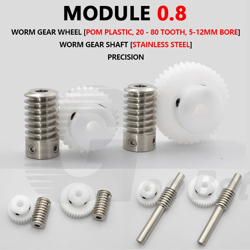 Worm Gear Wheel Module 0.8 POM Plastic 20 - 60 Tooth Worm Shaft Stainless Steel