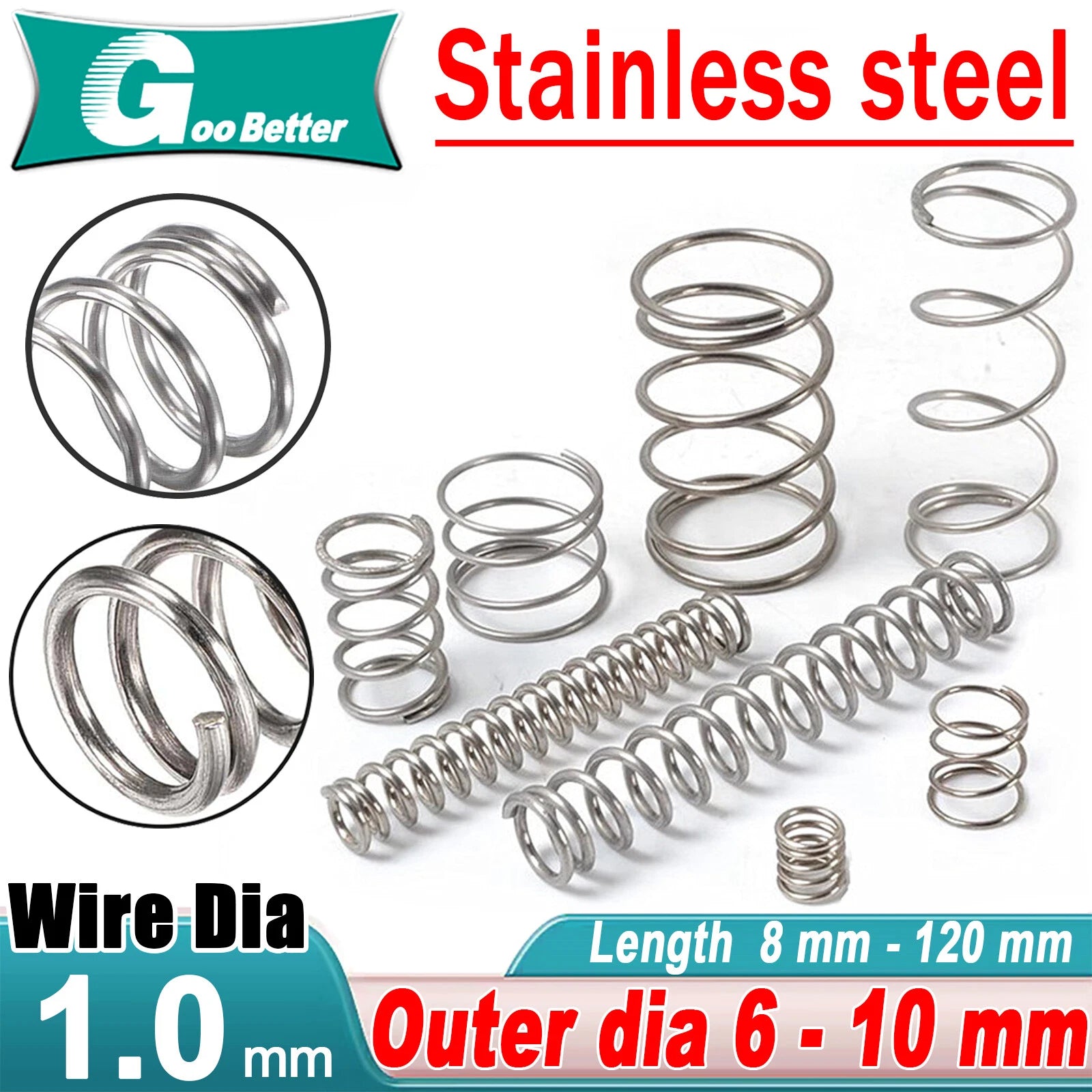 304 Compression Spring Wire Diameter 1mm ,Outer Dia 11mm-20mm, Length 5mm-120mm