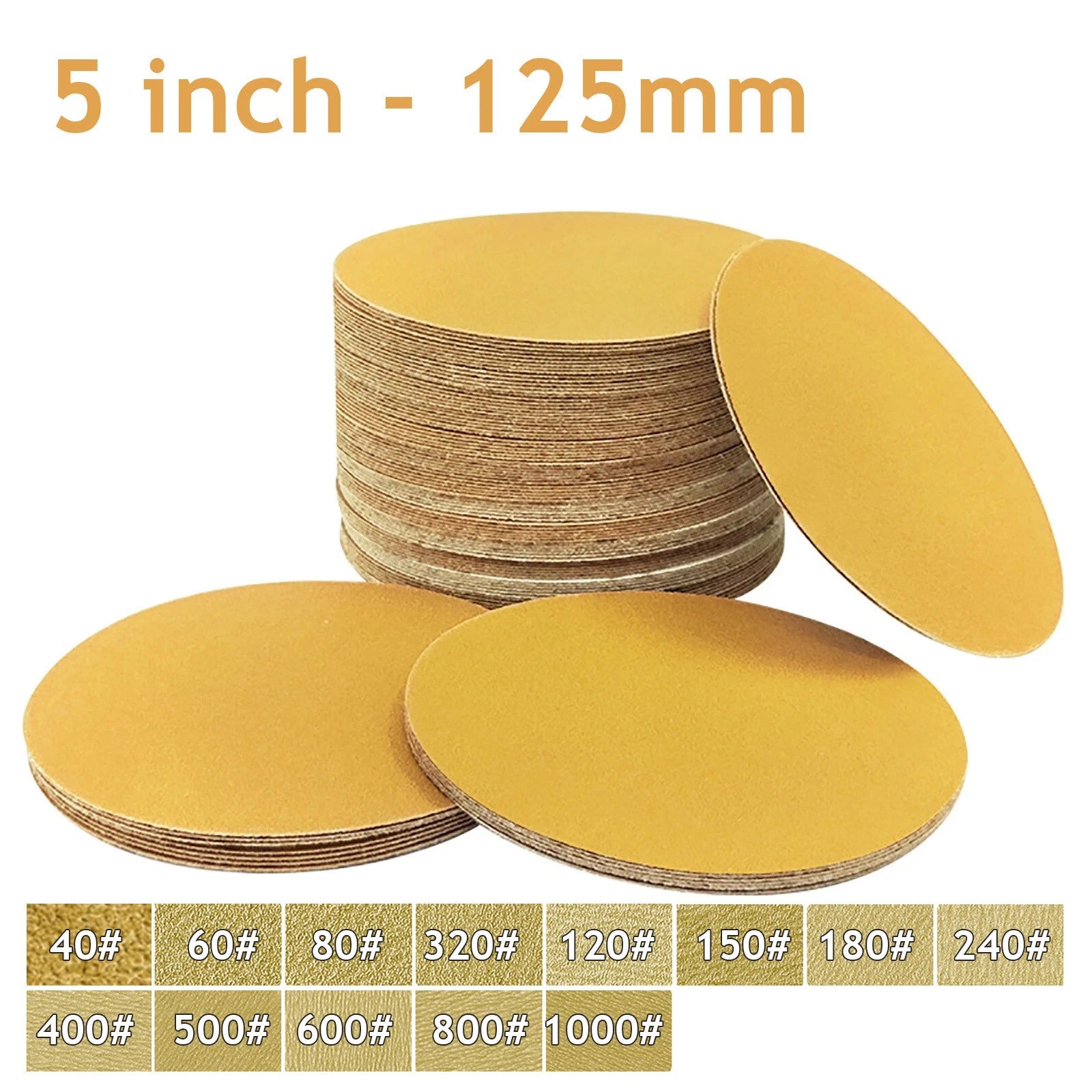5 Inch 125mm Sanding Discs 40-1000 Grit Hook Loop Sandpaper Yellow Dry Grinding