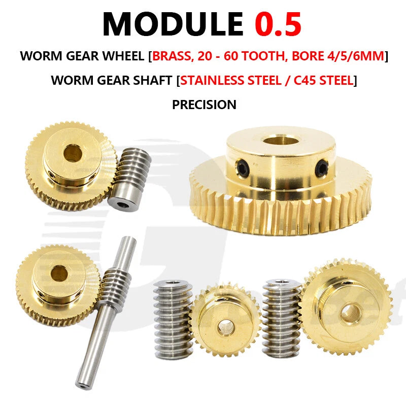 Mod 0.5 Worm Gear Wheel Brass 20-60 Tooth Worm Shaft Steel C45-Stainless Steel