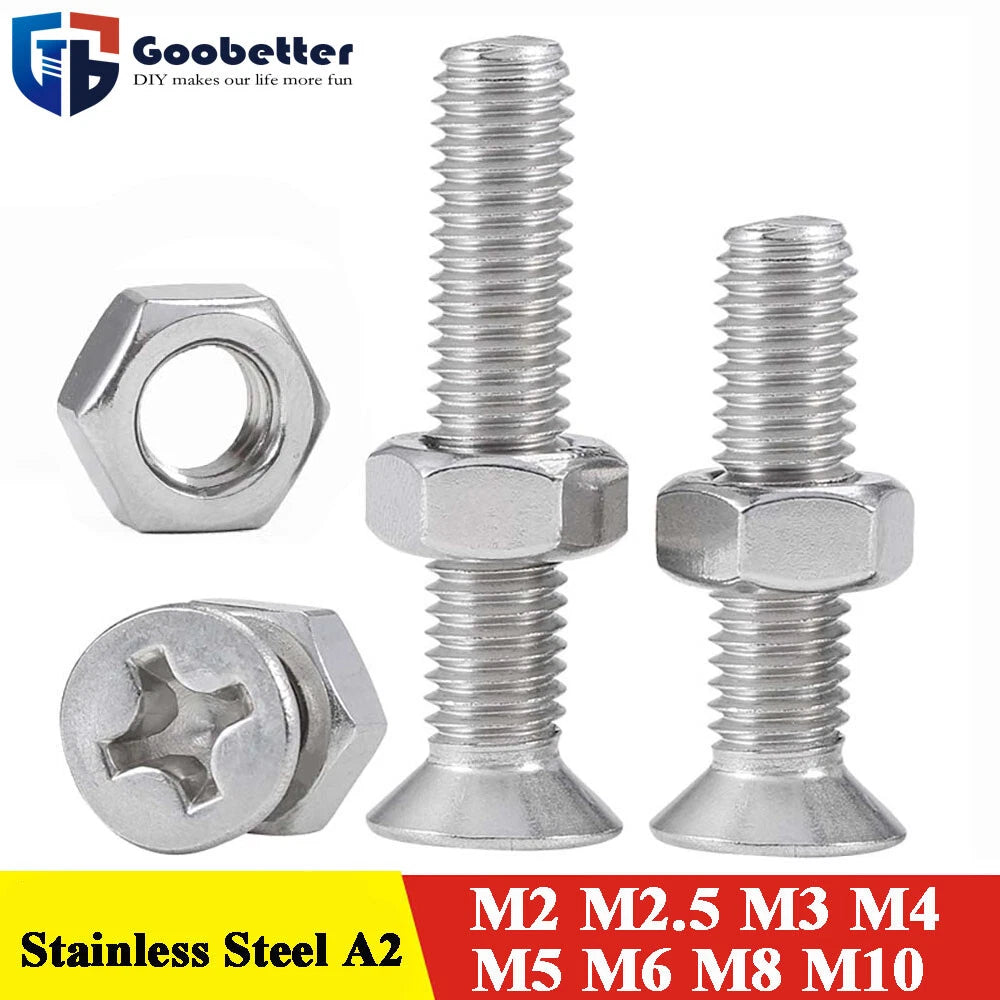 A2 Stainless Steel Phillips Countersunk Machine Screws with Nuts – M2 to M10, Flat Head, Rust‑Resistant
