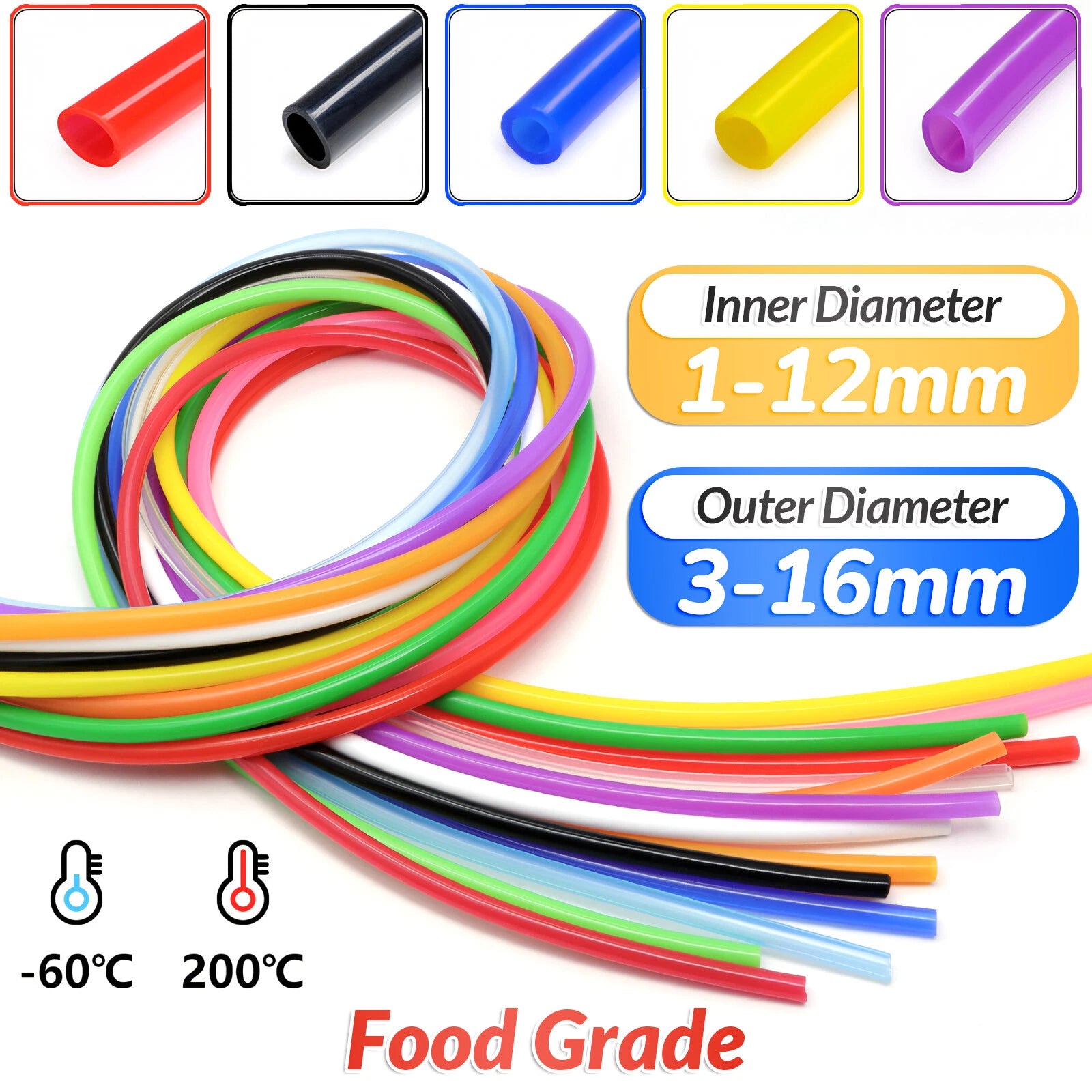 Food Grade Silicone Tubing — Flexible Rubber Hose Pipe, 1mm–12mm ID, Multiple Colors