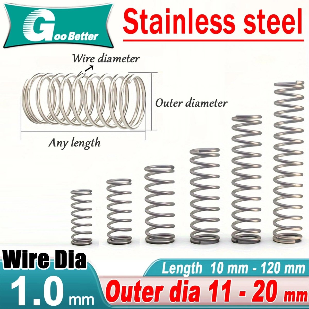 Compression Spring Wire Diameter 1mm ,OD 11 - 20mm, Length 5 - 120mm Stainless steel - HomeDIYer