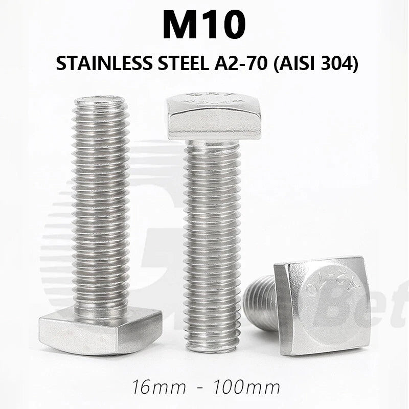 M10 Stainless Steel Square Head Bolts — A2 304, Plain Finish, 16mm to 100mm - HomeDIYer