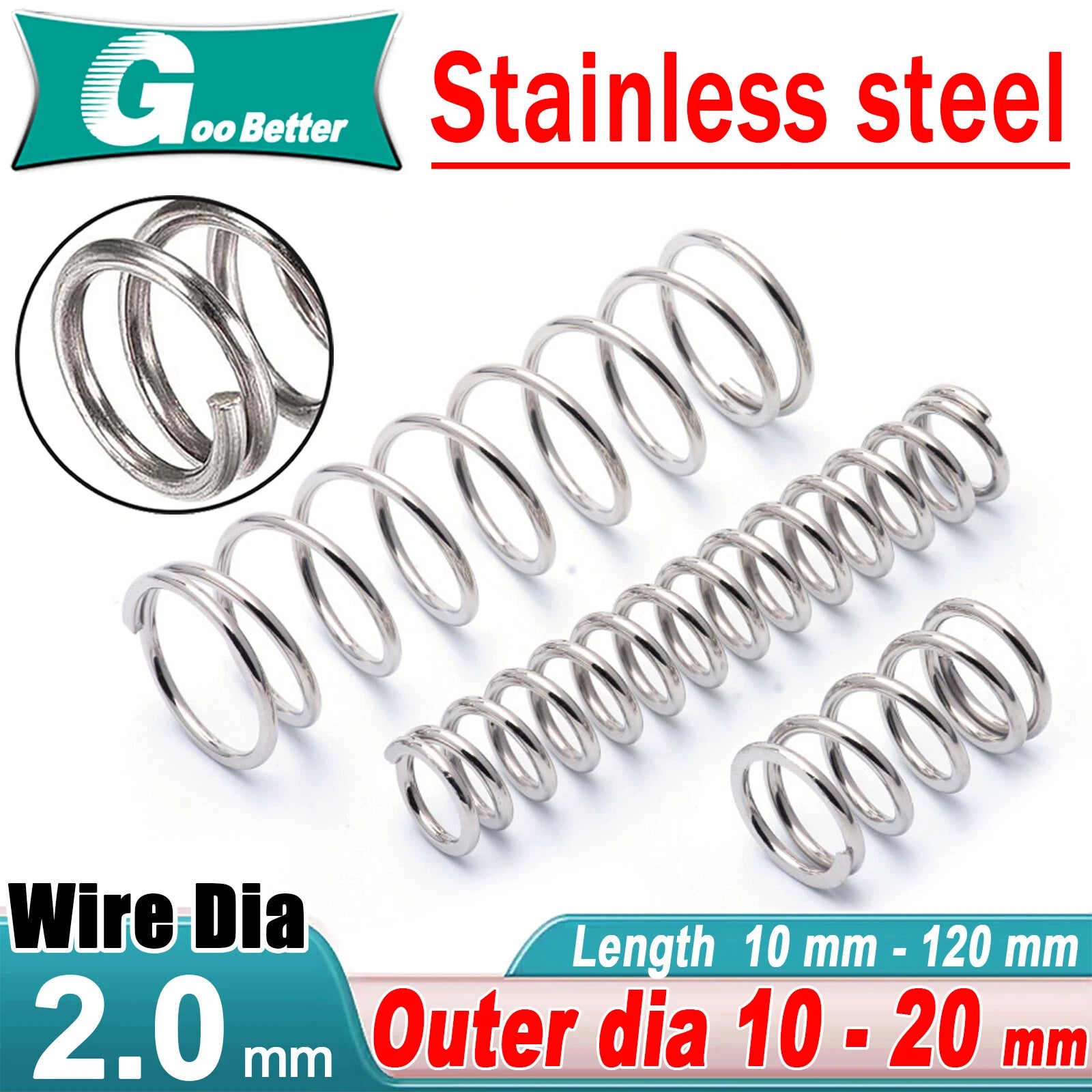Compression Spring Pressure Spring A2 Stainles Steel Wire Dia 2mm Ø 10mm - 20mm