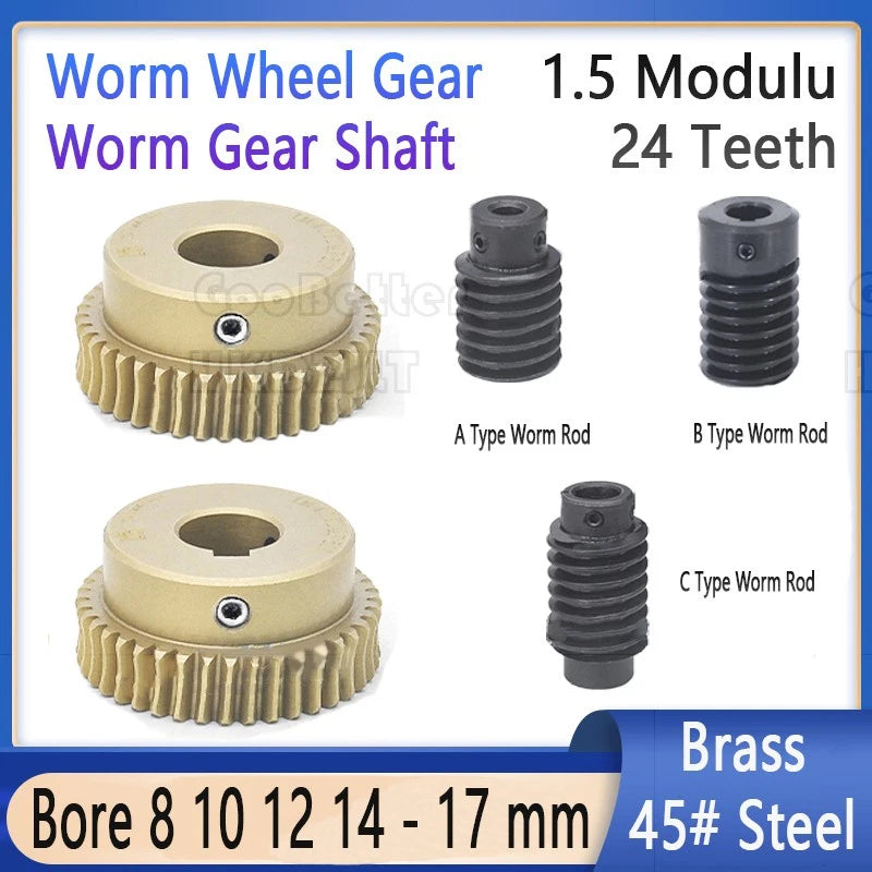 Module 1.5 Brass Worm Gear Wheel Worm Shaft C45 Steel 24 Tooth Bore 8 mm - 17 mm