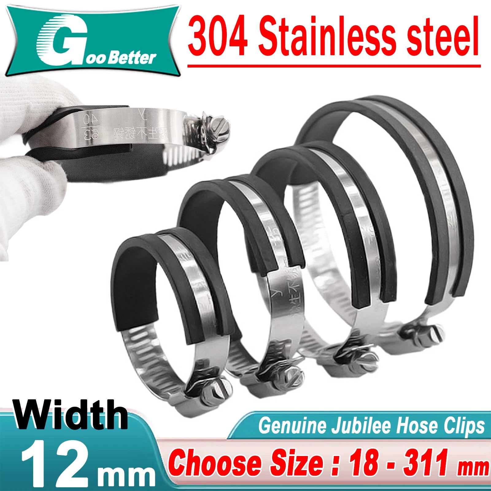 18mm-311mm Rubber Lined Jubilee Clips Cable Mounting Hose Water Pipe Clamp Stainless Steel