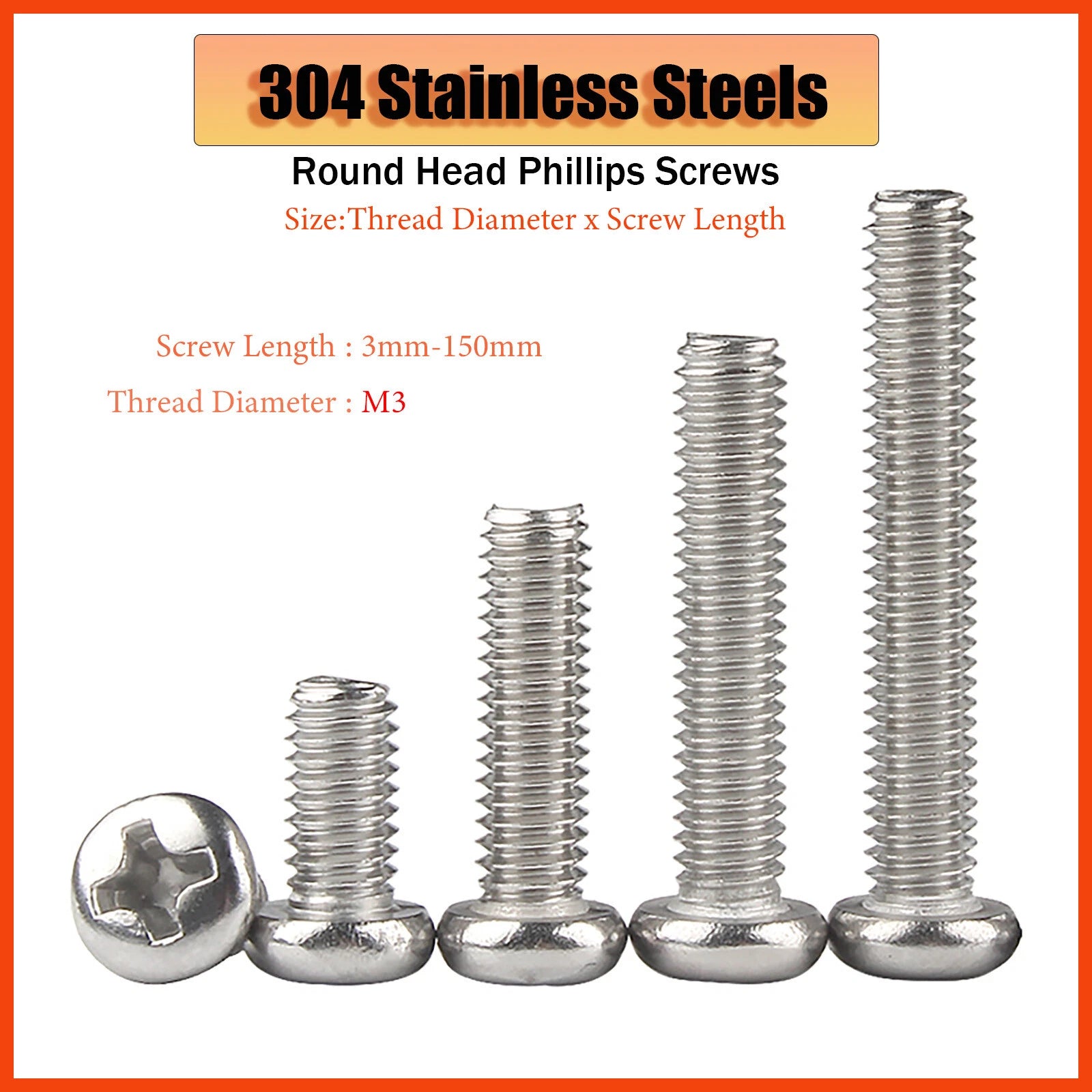 M3 Phillips Pan Head Machine Screws – A2 Stainless Steel, M3×3mm to M3×150mm (Full Length Range)