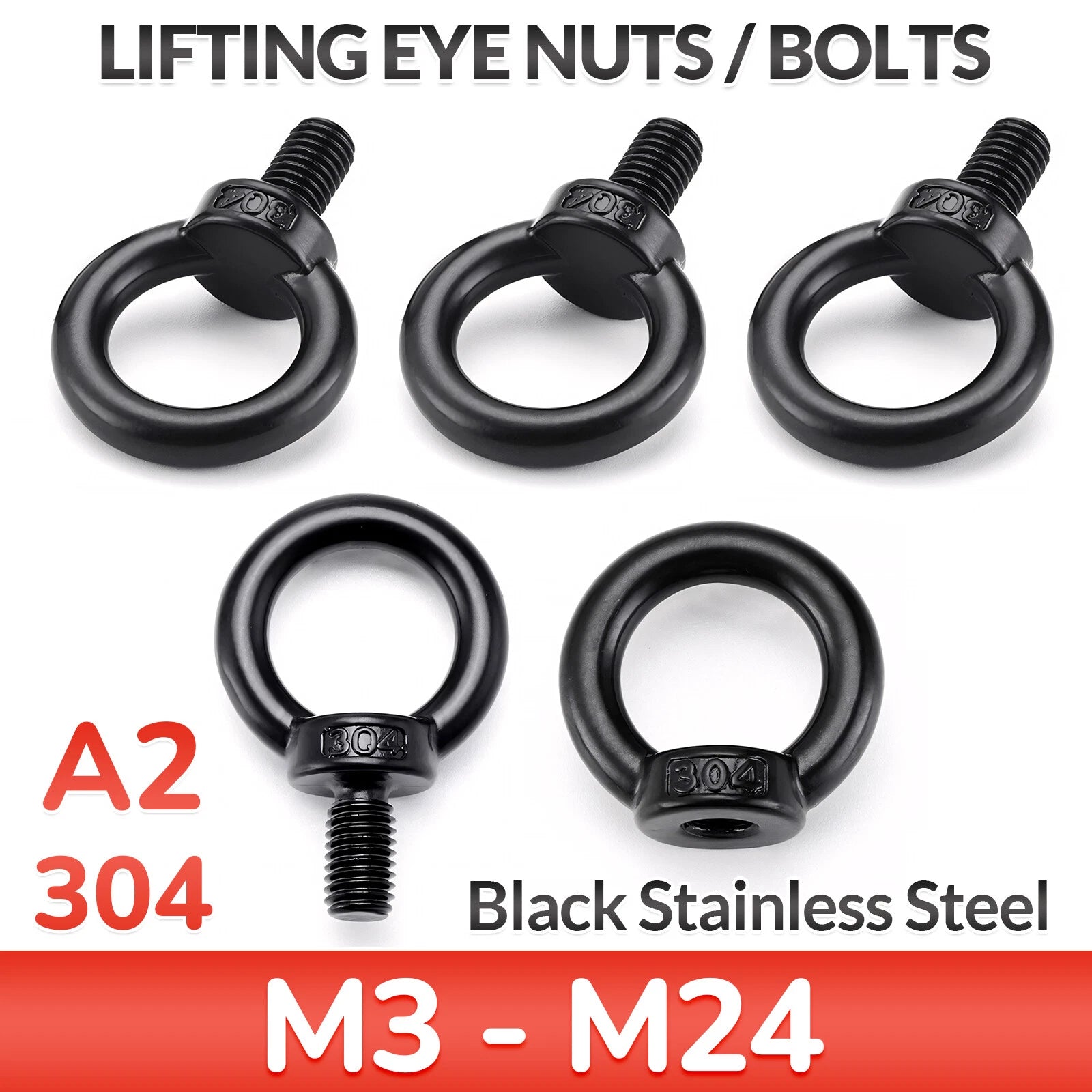 A2 304 Grade Black Stainless Steel Lifting Eye Nuts-Bolts M3 M4 M5 M6 M8 - M24
