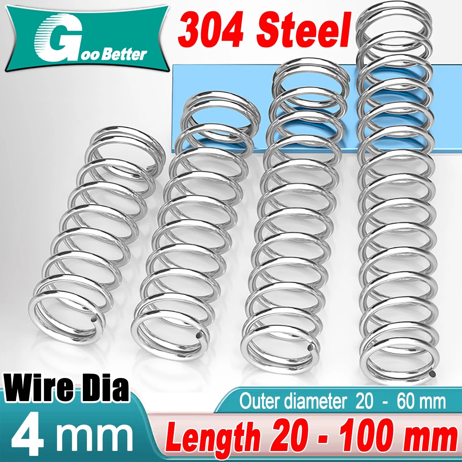304 Stainless Steel Compression Spring Wire Dia 4mm, L 20-100mm, OD 20-60mm