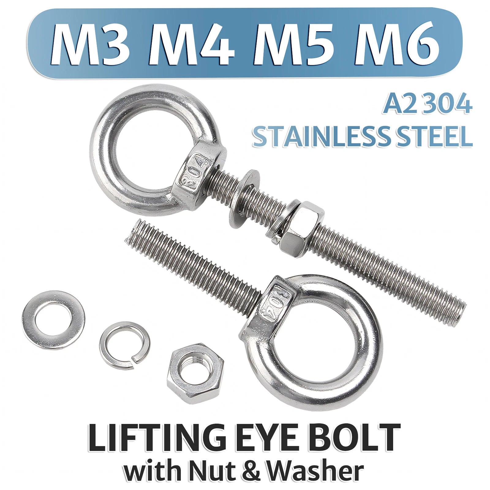 M3 M4 M5 M6 Eye Bolts Kit Screws Nut Washer Long Boat Stainless Steel A2 304