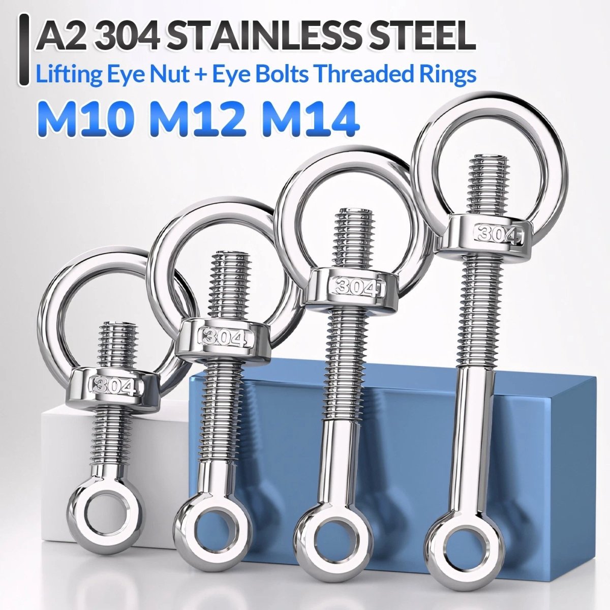 M10 M12 M14 Stainless Steel Eye Bolt & Eye Nut Set — A2 - 304, Threaded Lifting Ring - HomeDIYer