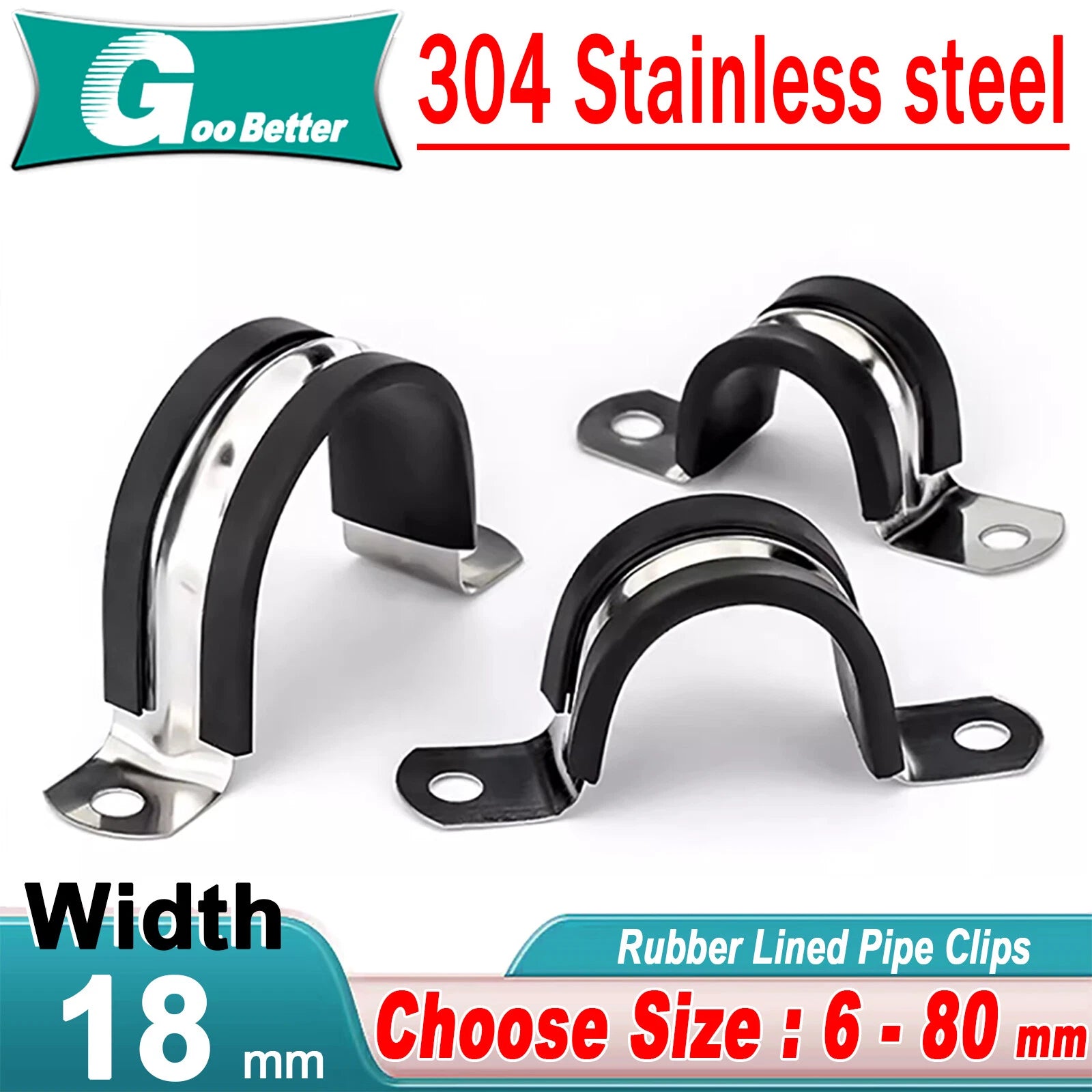 Rubber Lined P Clips Cable Mounting Hose Pipe Clamp Stainless Steel U Type 10-80