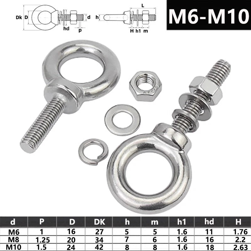 M6 M8 M10 Stainless Steel Lifting Eye Bolt Kit with Nut, Washer & Spring Washer — A2 Grade