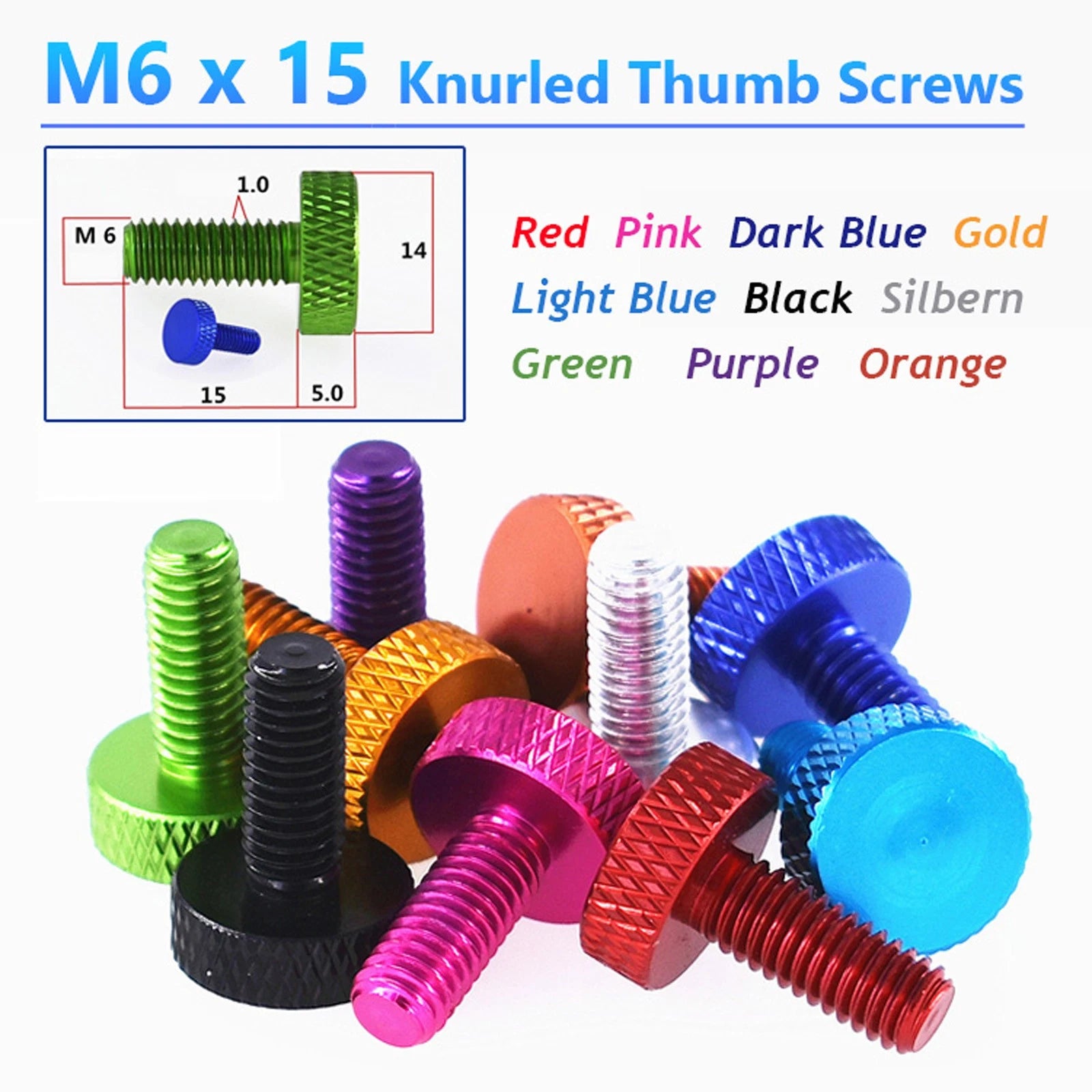 M6x15mm Knurled Thumb Screws Aluminum Alloy DIY Hand Tighten Grip Knob Bolts