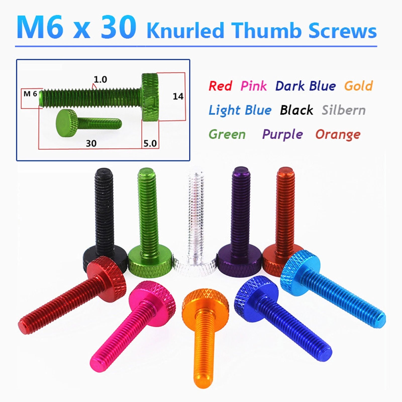 M6x30mm Knurled Thumb Screws Aluminum Alloy DIY Hand Tighten Grip Knob Bolts