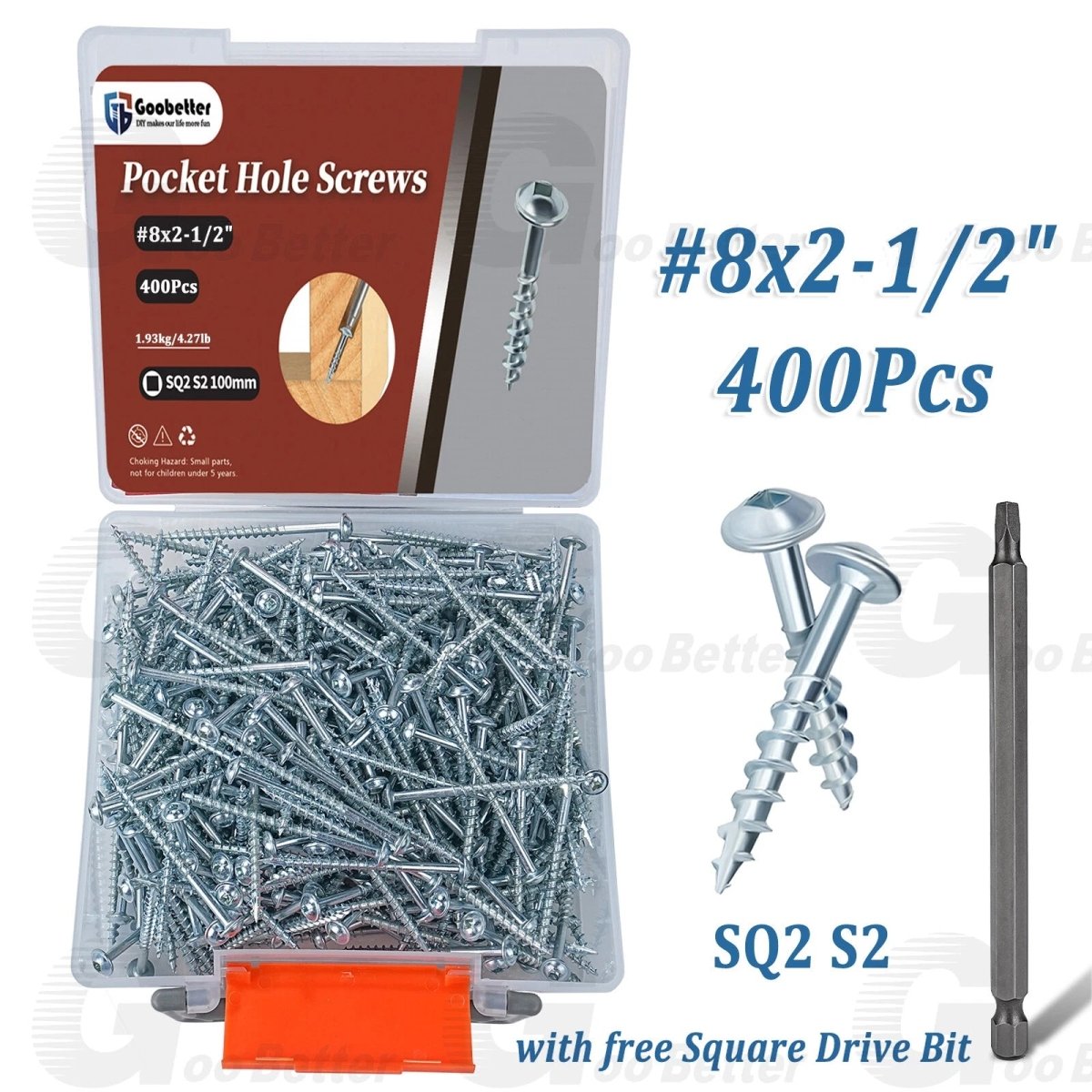 8 Pocket Hole Screws Interior Pocket Screw Coarse Thread, Square Drive, Washer Head, Zinc Plated, 100MM Drive Bit Included - HomeDIYer