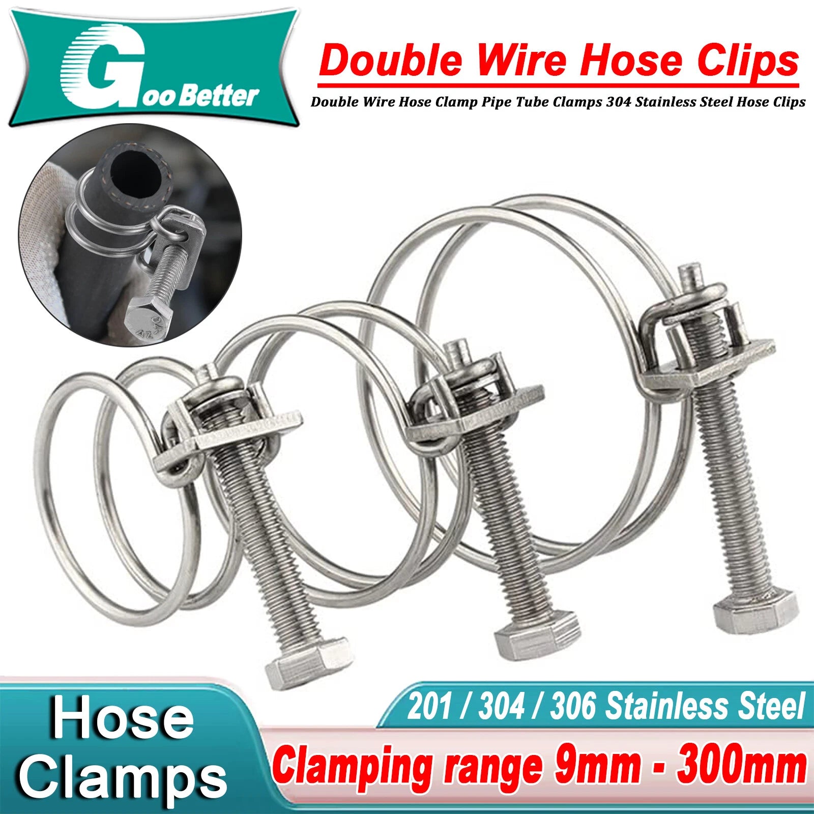 Double Wire Hose Clips - Stainless Steel, Pond Pipe Koi Fish Fitting Pump 9 -300