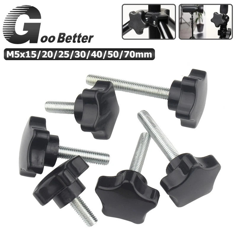 Thumb Screws M6 Hand Knob Bolts Plastic Five-Star Head Black Length 15-70mm