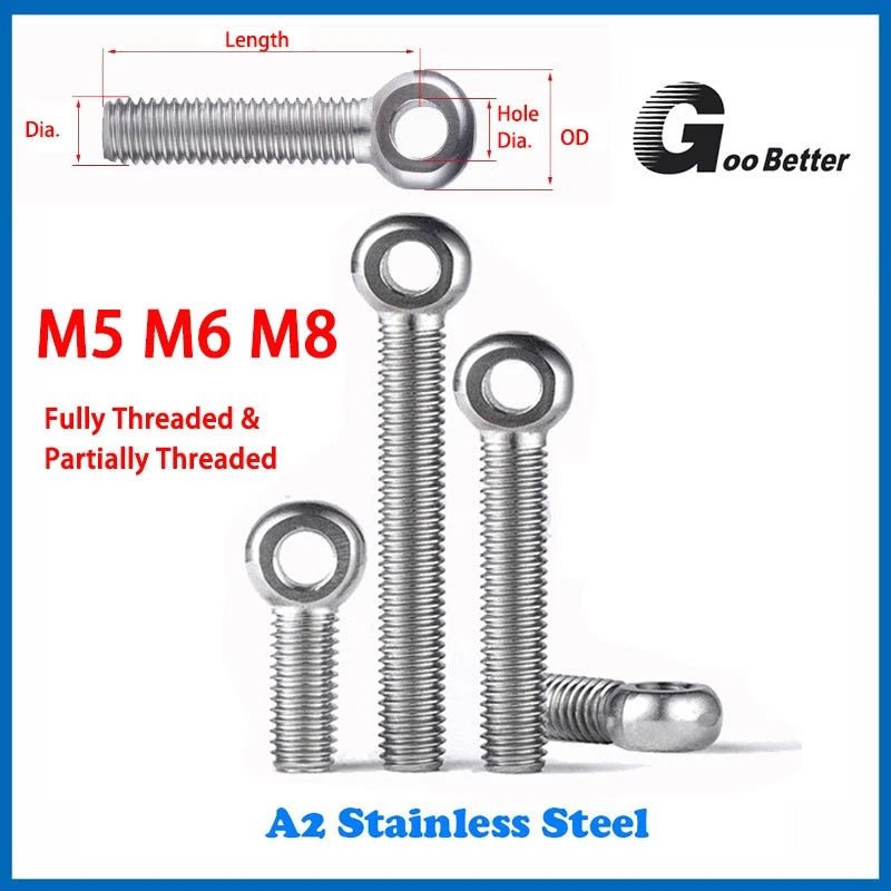 304 Stainless Steel Forged Eye Bolts M5 M6 M8 — Full Thread & Partial Thread, Catenary Hanging Screws - HomeDIYer