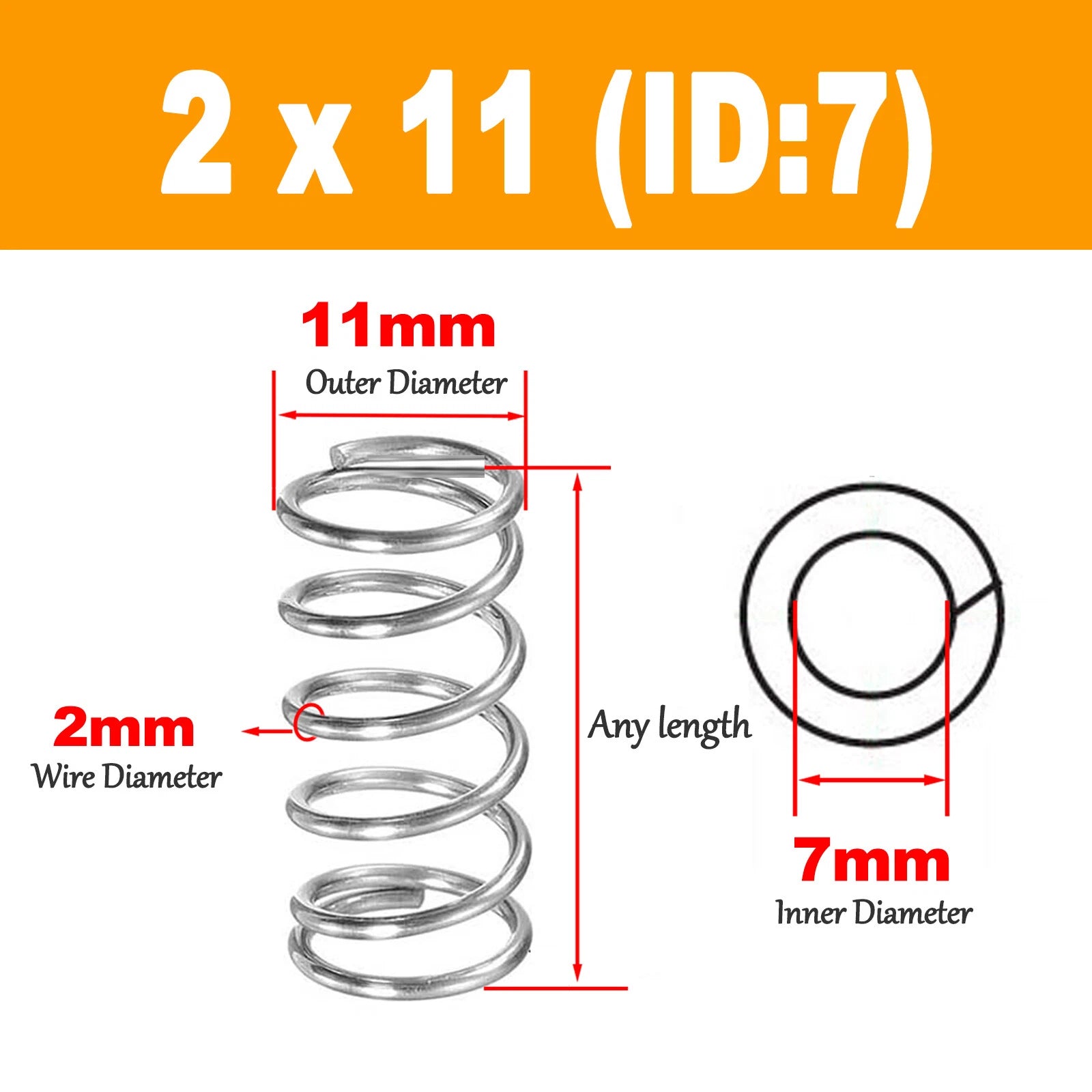 Compression Spring Pressure Spring A2 Stainles Steel Wire Dia 2mm Ø 10mm - 20mm