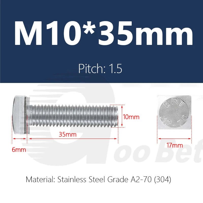 M10 Stainless Steel Square Head Bolts — A2 304, Plain Finish, 16mm to 100mm - HomeDIYer