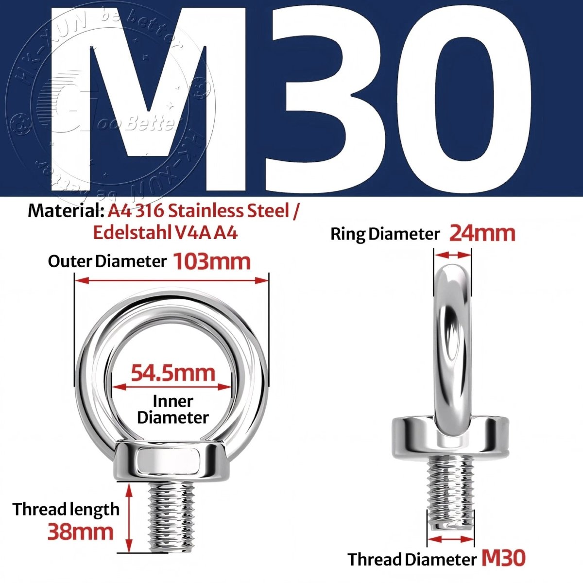 Stainless Steel Eye Bolts & Eye Nuts — A4 316 Metric Thread M6 to M36 - HomeDIYer