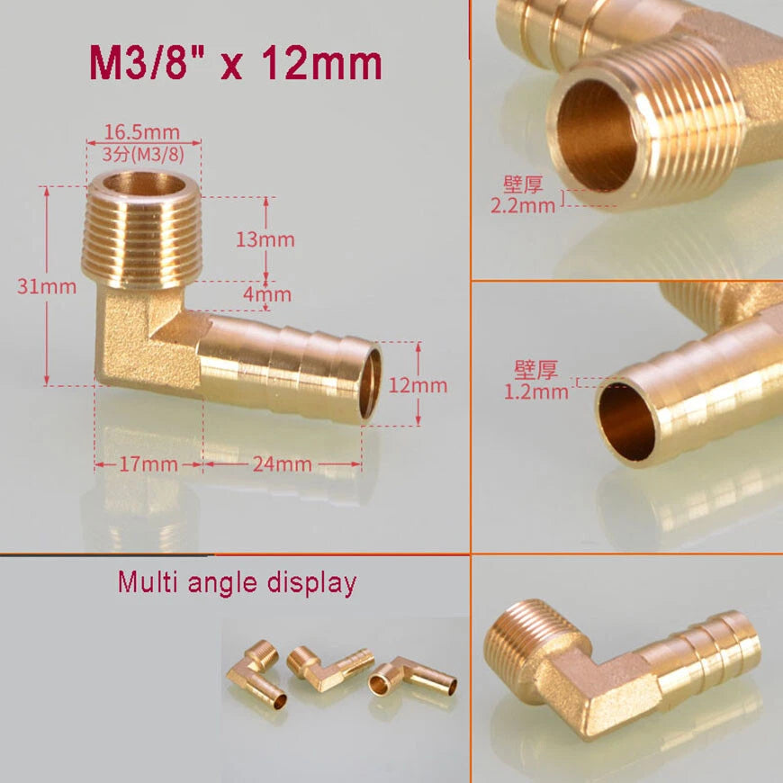 Brass BSP Male Elbow Barb Hose Tail Fittings — 1/8" to 3/4" × 6mm–25mm