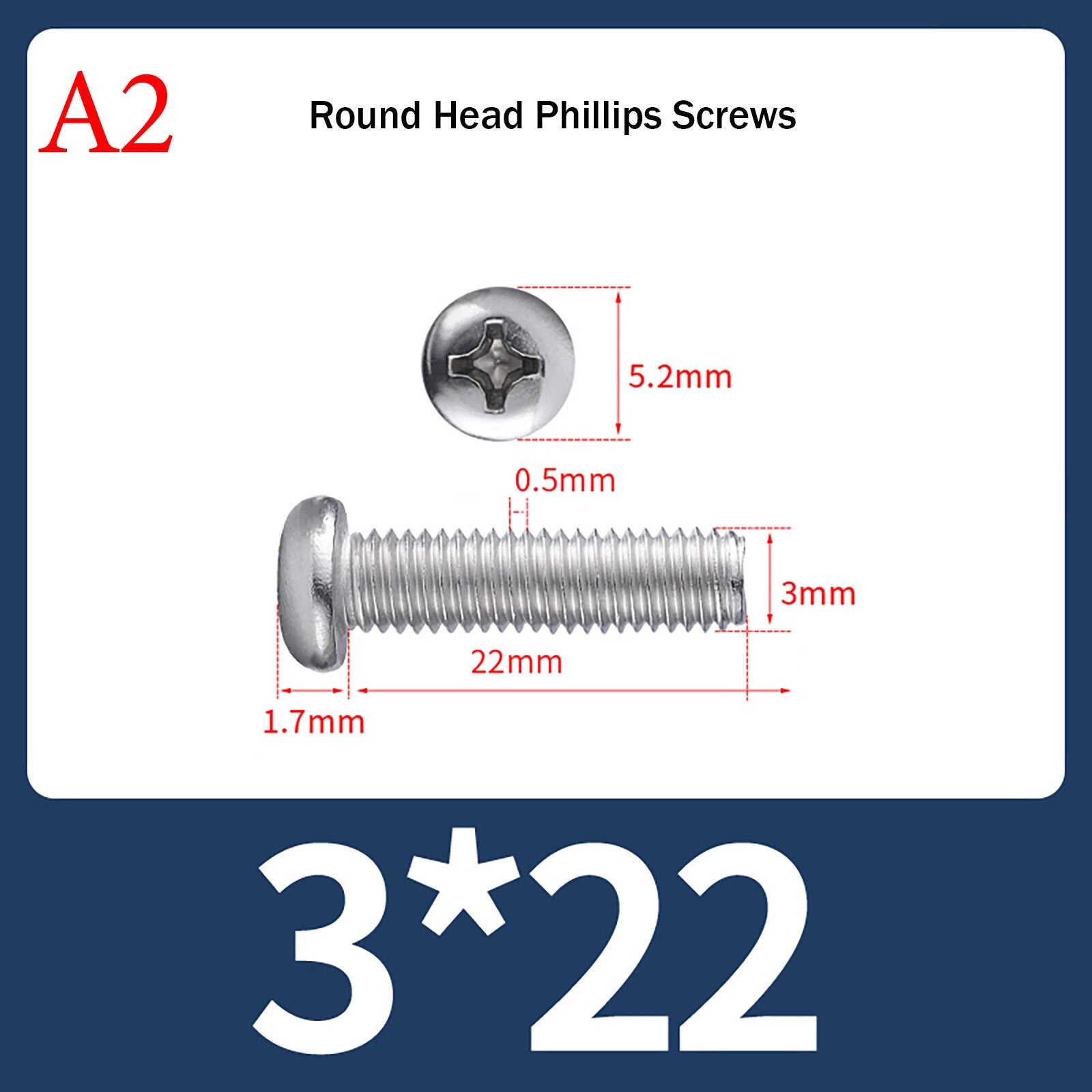 M3 Phillips Pan Head Machine Screws – A2 Stainless Steel, M3×3mm to M3×150mm (Full Length Range)