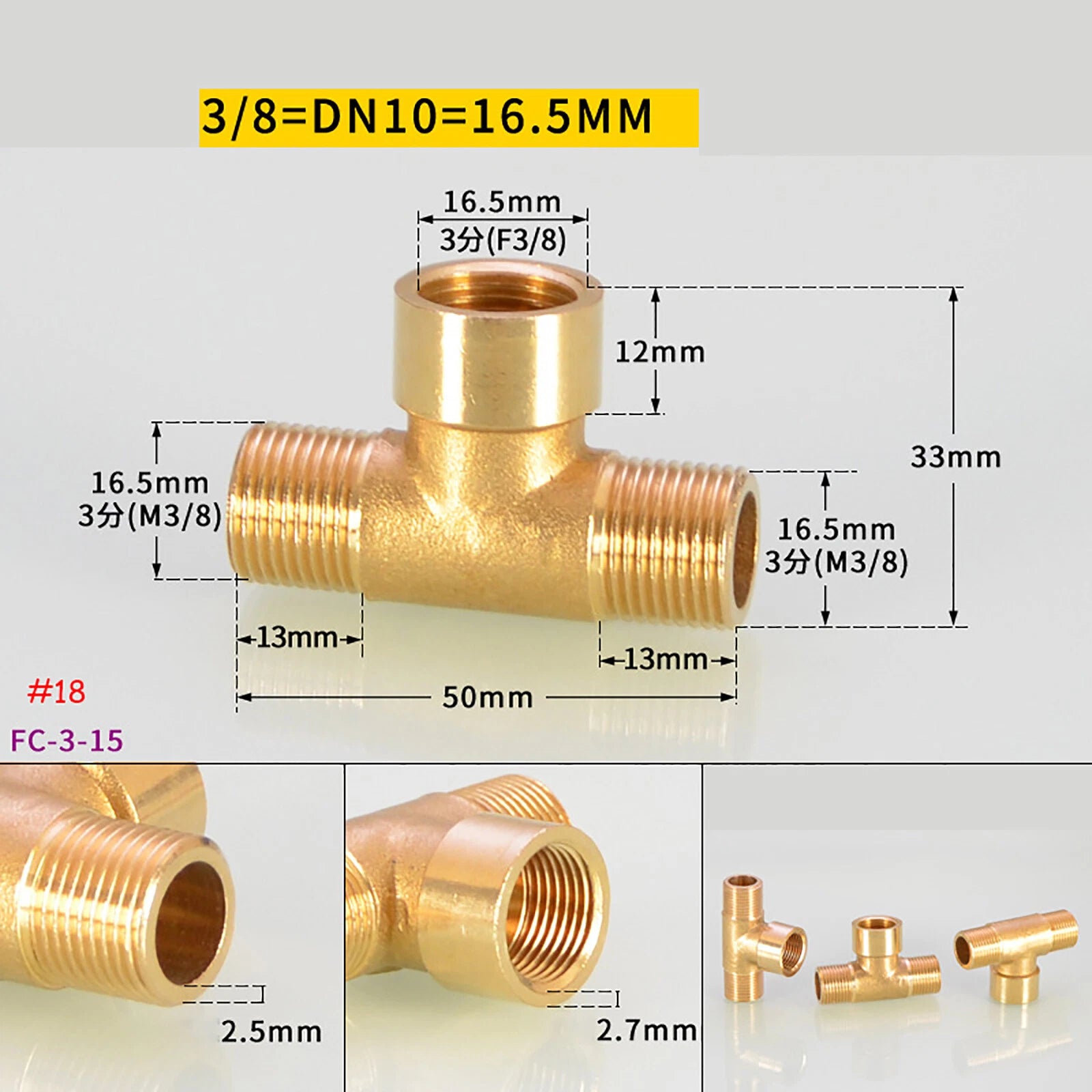 BSP Brass Tee Pipe Fittings — Male & Female Thread Combinations, 1/8" to 3/8"